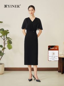 Elegant Black Autumn Acetate and Chiffon Blend Dress