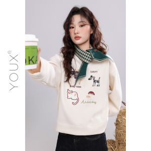 YOUXIANG | Áo Hoodie Lót Bông Thêu Động Vật Hoạt Hình
