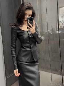 High Elasticity Genuine Sheepskin Leather Jacket U-Neck Multi-Buckle Slim Fit LOE Womens Coat Spring 2025 Long Sleeve