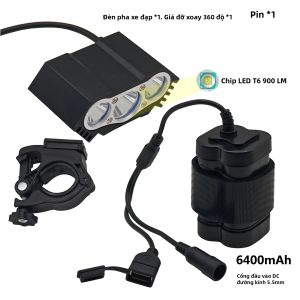 Bộ Đèn Xe Đạp LED L2/T6 Sạc USB 1200LM Với Pin 6400mAh - Đèn Pha/đèn Pin Chống Nước Bằng Hợp Kim Nhôm Dành Cho Xe Đạp
