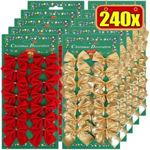 240PCS Mini Christmas Bow Ornaments Red Gold Xmas Tree Hanging Pendant DIY Craft New Year Home Party Decoration Bowknot Gifts