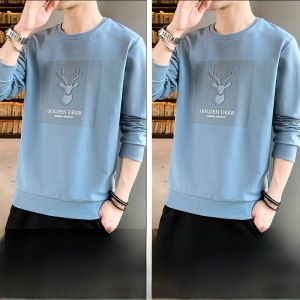 ROMON | เสื้อยืดคอกลมแขนยาวพิมพ์ลายลำลองสำหรับผู้ชาย ทรงหลวม แฟชั่นฤดูใบไม้ผลิและฤดูใบไม้ร่วง ผ้าฝ้ายผสมโพลีเอสเตอร์และยางยืด