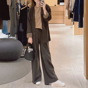 LIANGYILAILIN | Soft Warm Gentle Brown V-Neck Knitted Sweater and Wide Leg Trousers Set