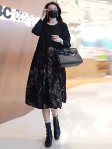 plus Size Floral Print Loose Long Sleeve Dress Maternity Concealing Slimming Midi Length Spliced A-Line Dress for Women