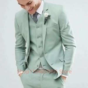 Fashion Matcha Green Men Suit Slim Fit Notch Lapel Single Breasted Blazer Vest Pants Business Groom Tuxedo Wedding Costume Homme
