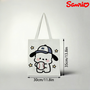 Sanrio | 1pc Sanrio Pochacco Canvas Tote Bag NY‑logo Baseball‑cap Holding‑baseball Star‑decor Sport‑style Print Eco Shoulder Bag
