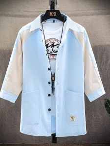 Áo Sơ Mi Nam Tay Bảy Cotton Nguyên Chất Màu Xanh Thanh Thiếu Niên Trung Học Mùa Xuân Hè Đan Xen Áo Khoác Công Sở Tay Giữa