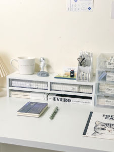 Double Layer Desk Organizer Stand with Drawer Transparent Office Workstation Computer Desktop Storage Rack Bookshelf Storage