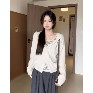 YUEZHONGWEI | Color-block Striped Hooded Fake Two-Piece Knit Sweater
