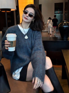 YUFUQING | Gray V-neck Long Sleeve Knitted Sweater Womens Early Autumn New Loose Casual Versatile Knitwear Commute Style Fashionable