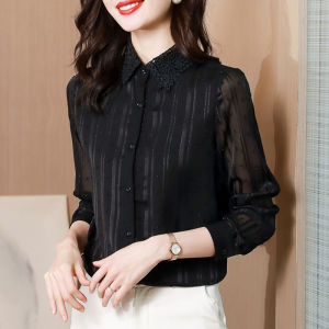 เสื้อเชิ้ตผ้าชีฟองสีดำแขนยาวหรูหราสำหรับผู้หญิงในช่วงต้นฤดูใบไม้ร่วงและฤดูใบไม้ผลิ 2025 เสื้อเชิ้ตผู้หญิงสไตล์เกาหลีที่สวมใส่สบาย