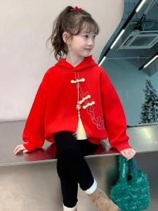 Girls Fleece Lined Hoodie Red New Year Clothes Winter Hat on Clothes Childrens Clothing Cotton Polyester Blend Warmth Provided