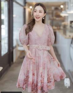 P003-001 PIMNADACLOSET -Short Puff Sleeve V Deep Neck  Subtle Floral Print  Mini Dress With Belted