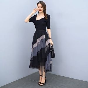 Fashion Patchwork Tulle Long Skirt Women 2026 Spring Summer Elegant High Street Mesh High Waist Pleated Midi Skirt Female