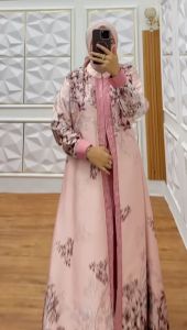 gamis motif printing tangan sleting pesta mewah baju muslim wanita fashion terbaru