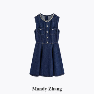 Retro Bespoke 100 Percent Long Staple Cotton Sleeveless Diamond-studded Waist-accentuating A-Line Dress