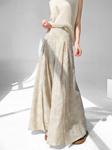 High Waist Airy Wide Leg Pants New Chinese Style Womens Summer Casual Loose Fit Trousers in Apricot Color with Side Slits