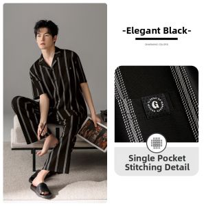 JIALEFEN | Summer Mens Striped Cotton Short Sleeve Long Pants Home Wear