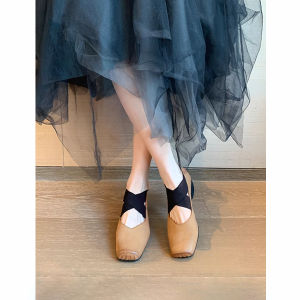 รองเท้าบัลเลต์หนังแท้แบบนางฟ้ารองเท้าชั้นเดียวปากตื้นส้นแบนใส่ด้านนอกรองเท้าแมรี่เจนย้อนยุคทรงจมูกหมูส้นสูงสไตล์ฝรั่งเศสสำหรับผู้หญิง