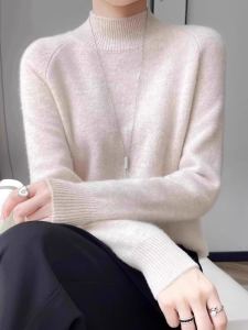 Autumn Winter Thickened Warm Cashmere Sweater Womens Half High Collar Loose Knitted Long Sleeve Pure Color Versatile Base Shirt
