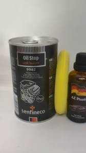 BỘ SP NGĂN NGỪA RÒ RỈ NHỚT ĐỘNG CƠ HIỆU Senfineco 9982 và CHAI LÀM MỚI NHỰA ĐEN TREN XE Ô TÔ HIỆU AZ PLASTIC (Oil Stop Leak Sealant 9982 300ml And AZ PLASTIC 50ml)