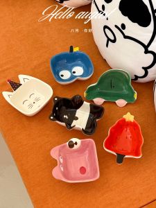 เครื่องปั้นดินเผาขนาดเล็กน่ารักวาดด้วยมือเคลือบสีเซรามิกจานใส่อาหารชามใส่น้ำจิ้มชามใส่อาหารสำหรับลูกน้อยจานใส่น้ำส้มสายชูลายการ์ตูนจานปรุงรส