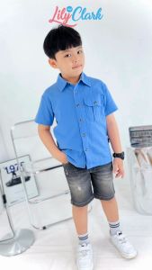 Lily And Clark Kemeja Pendek Anak Laki-Laki Linen CRINKLE Warna Biru Langit KLK03