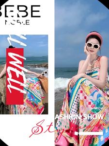 FASHLOVER Summer loose floral suspender dress women vacation mid-length dress