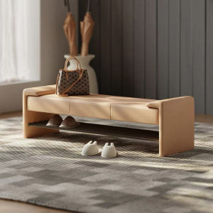 Narrow Entryway Bench Wooden Long Seat for Putting on Shoes Storage Cabinet Home Use Leather Cushion Cat Claw Skin Finish