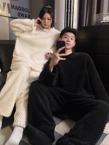 Couples Winter Thickened Fleece Plush Flannel Pajamas Set Womens Long Sleeve Sleepwear Mens Home Clothes Soft Cartoon Pattern
