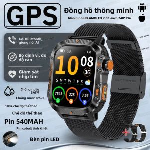 Đồng Hồ Thông Minh Quân Sự Nam 2025 Chống Nước 3ATM Màn Hình AMOLED 2.01 Inch Tích Hợp La Bàn Đo Nhịp Tim NFC Gọi Bluetooth Đèn LED Tính Năng Thể Thao