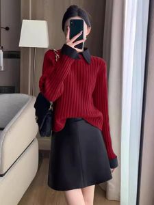 WANGGONGZHU | Red Knitted Base Shirt Womens Fashionable Polo Collar Inner Wear Autumn Winter New Design Princess Style Loose Fit Long Sleeve