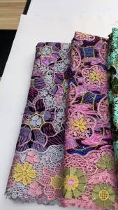 High‑Grade Nigerian Wax Print Guipure Lace Fabric Purple Floral Rhinestone Cord Lace for Women Evening Gown Clothing Sewing