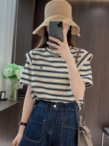 Korean Striped Short Sleeve T-Shirt Womens Loose Fashionable Slimming Stylish Summer New Arrival round Neck Top
