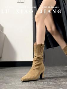 Version Goatskin! Maillard Early Autumn Short Boots Womens 2024 New Arrival Suede Retro Chunky Heel Pile Style Pointed Knee-High Boots