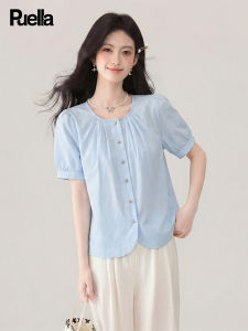 puella | French Style Blue Round Neck Short Sleeve Shirt for Petite