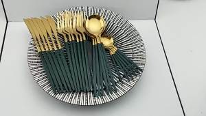 24Pcs Stainless Steel Dinnerware Set Kitchen Green Gold Cutlery Set Knife Fork Spoon Flatware Tableware Western Silverware Set