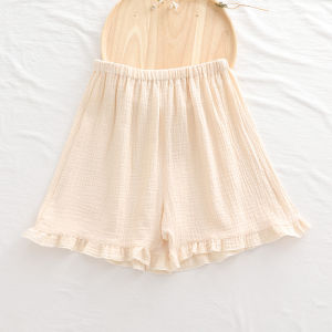 กางเกงนอนผ้าฝ้ายล้วนชายลูกไม้เอวสูงเรียบง่ายสีพื้นสีน้ำเงินสีขาวผ้าสาลูคอตตอนแท้แบบบางฤดูร้อน INS กางเกงขาสั้นใส่ในบ้านผู้หญิง