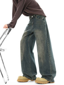 OULUDE | Vintage Retro Blue Casual Jeans Wide Leg Straight Fit Mens Pants
