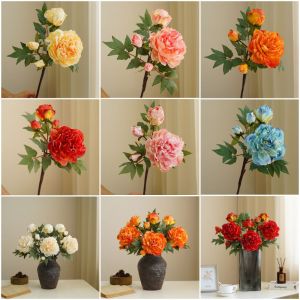 YPB585111 Nhiều màu Hoa mẫu đơn giả Cánh hoa lụa 3 đầu Hoa mô phỏng Sống động Cắm hoa Lá Hoa giống như thật Trang trí nhà cửa
