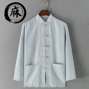 เสื้อเชิ้ตผ้าลินินคอตตอนหลวมแขนยาวบางสไตล์จีนสำหรับผู้ชาย เสื้อผ้าทำงานลำลองฤดูร้อนสำหรับผู้สูงอายุ