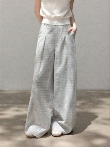 Cantonstory | Lazy Style Gray Checkered High Waist Straight Culottes Trousers