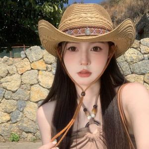 Wide Brim Straw Western Cowboy Hat Men Women Outdoor Sun Protection Hat with Wind Lanyard Durable Travel Foldable for Summer