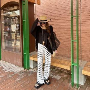 Street Style Polka Dot Pants Womens High Waist Wide Leg Floor Length Black Dot Straight Cut Casual Trousers Summer Trend