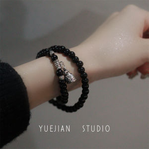 Black Double Layer Lion Wake up Beads Bracelet New Chinese Style Retro Small Audience Hand Jewelry Yuejian Half City Cloth