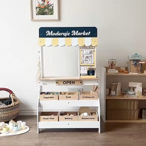 Grocery Store Pretend Play Wooden Toys Kids Market Stand Play Food Sets With Toy Cash Register
