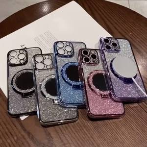 Magnetic Glitter Phone Ring Holder with Mirror 360° Rotatable Bling Stand Universal Finger Grip for iPhone 15 14 13 12
