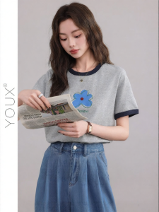 YOUXIANG | Áo Thun Nữ Vintage In Hoa Xám Patchwork