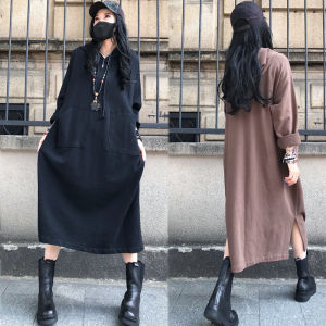 Casual Vintage High Waist Midi Dress Pure Color Asymmetrical Hemline Autumn Wear plus Size over Knee Long Dress Personality