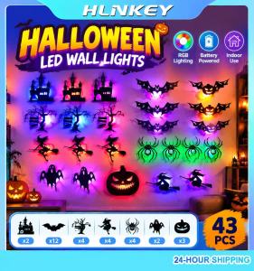 HLINKEY 3D Hollow LED Wall Light 30PCS Set Halloween Stickers 10.5cm 12.5cm 16.5cm Spooky Bat Pumpkin Spider Peel Stick Party Decor